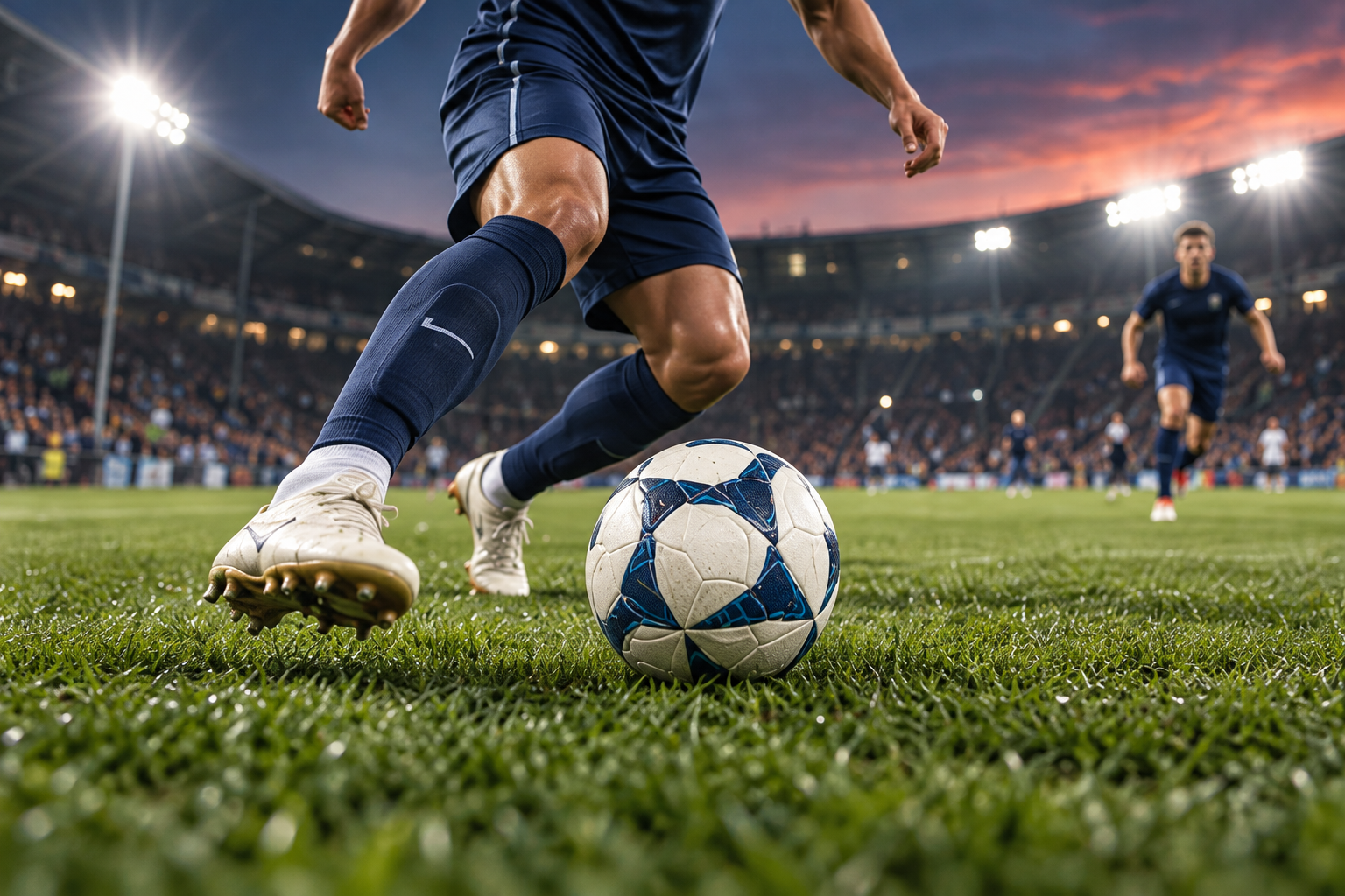Generated football action illustration: navy-clad player with a ball on a floodlit pitch