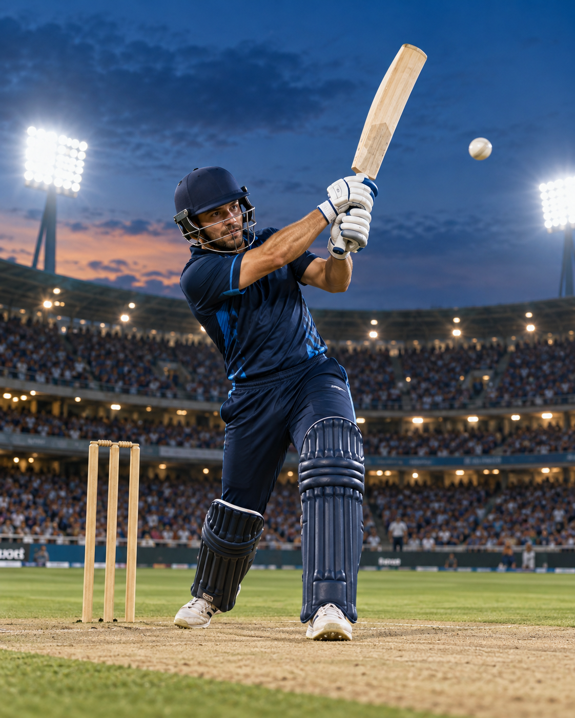 Generated cricket action image: batsman in navy kit at a floodlit ground