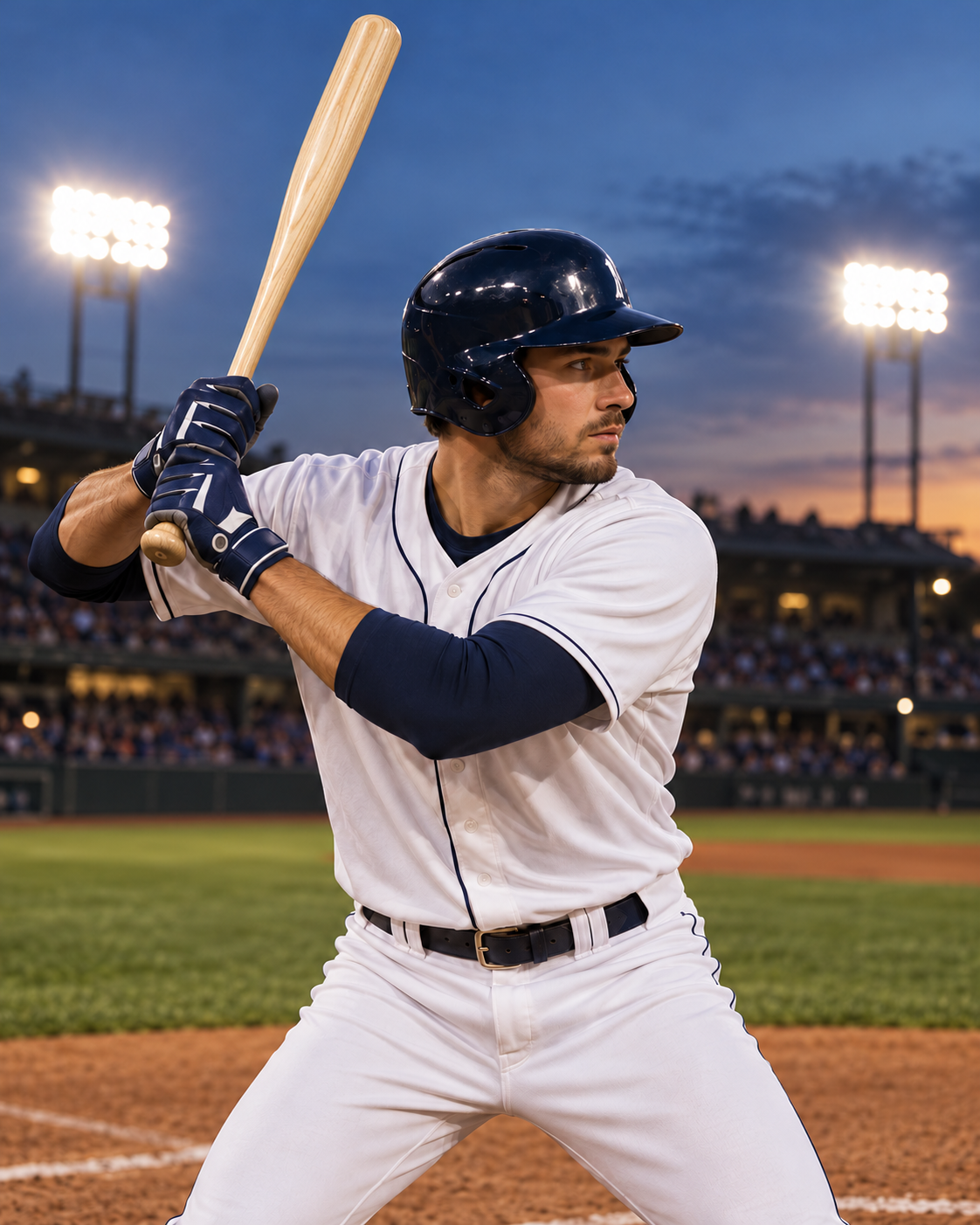 Generated baseball photograph: batter in white and navy kit holding a wooden bat
