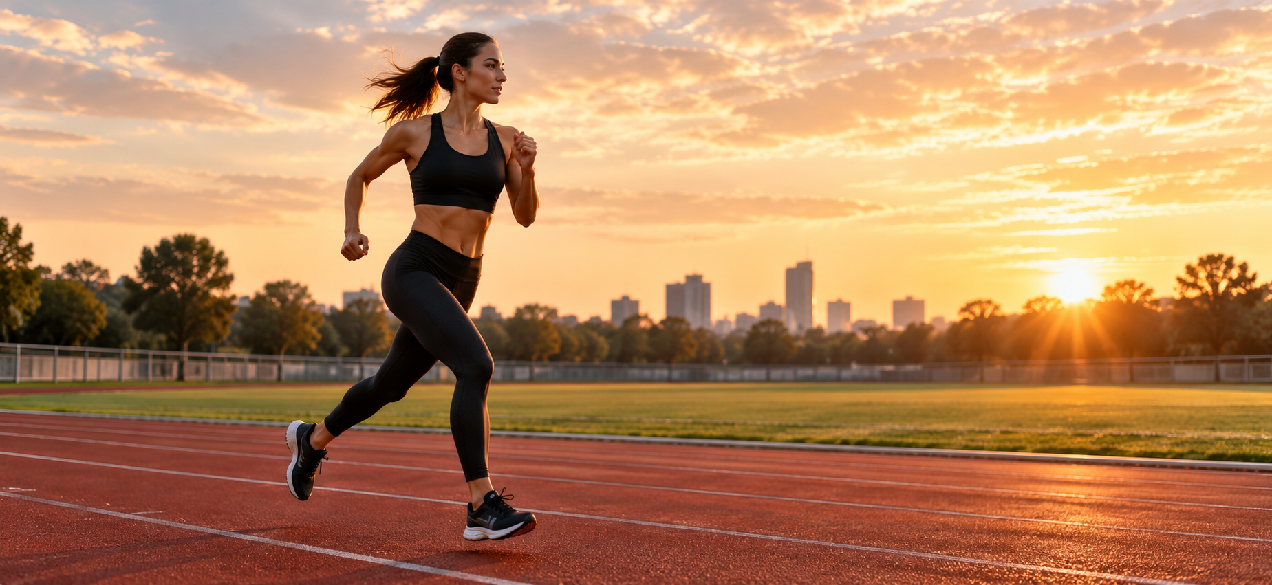 Generated fitness photograph of a woman running on an athletics track at sunrise
