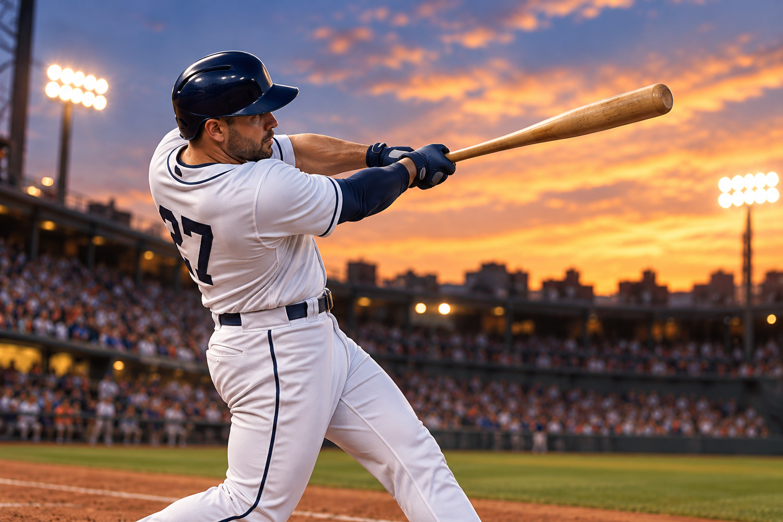 Generated baseball photograph of a batter swinging a wooden bat at sunset