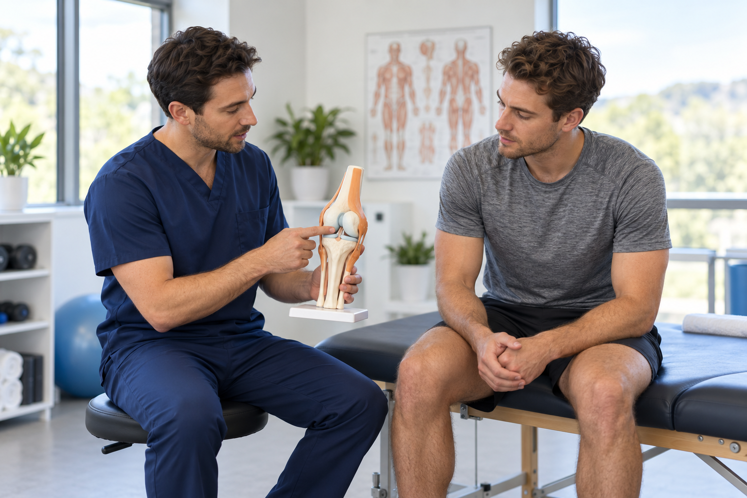 Generated clinical photograph of a physiotherapist discussing an anatomical model with an athlete