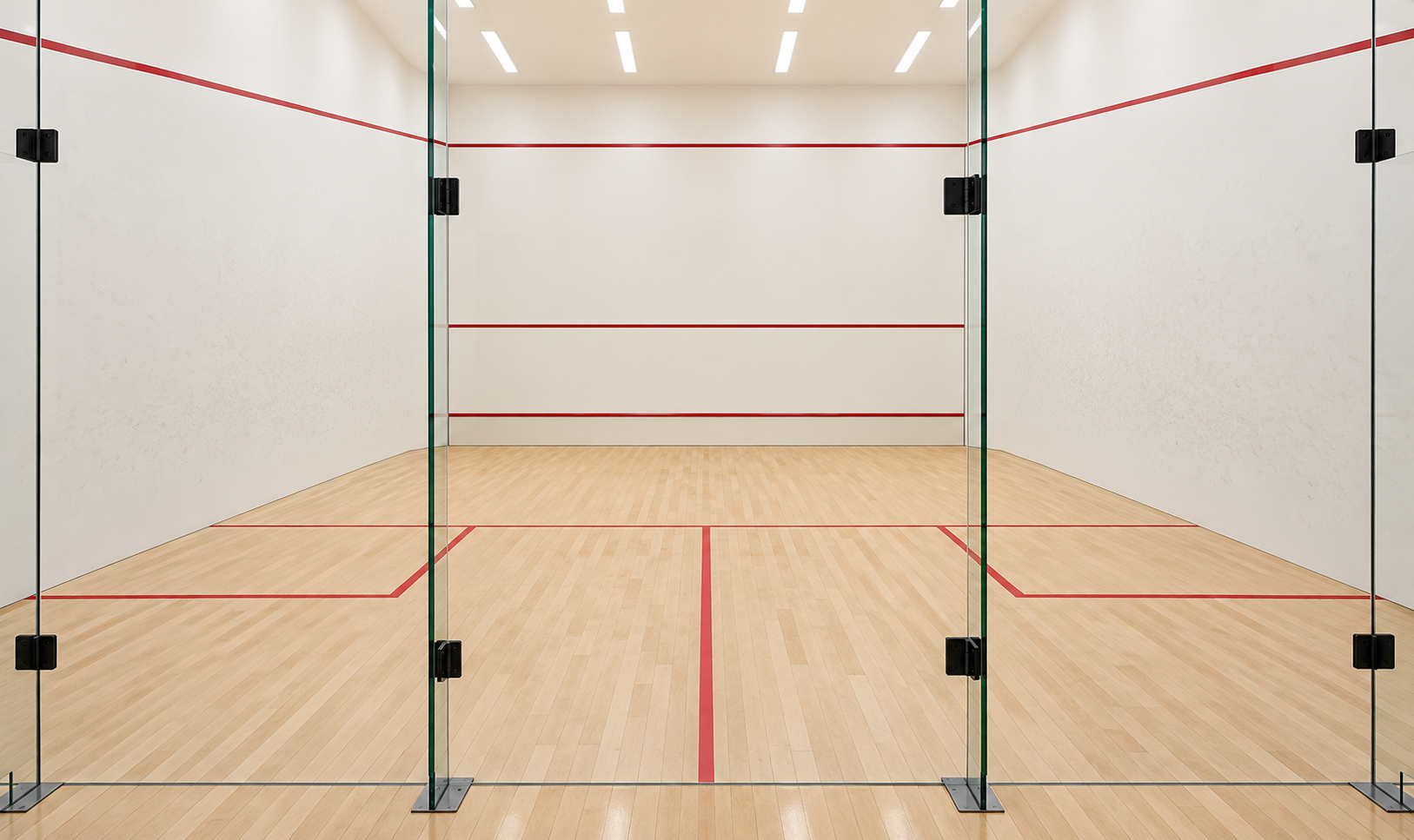 Empty indoor squash court viewed through the back glass