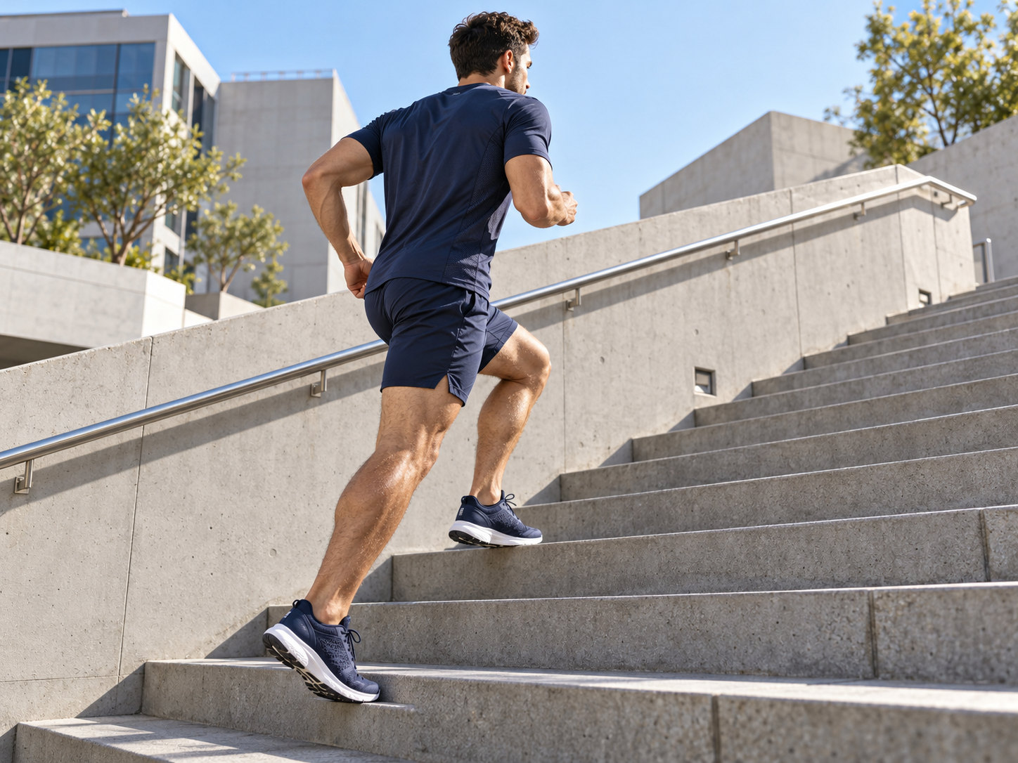 Athlete in navy sportswear climbing concrete outdoor stairs
