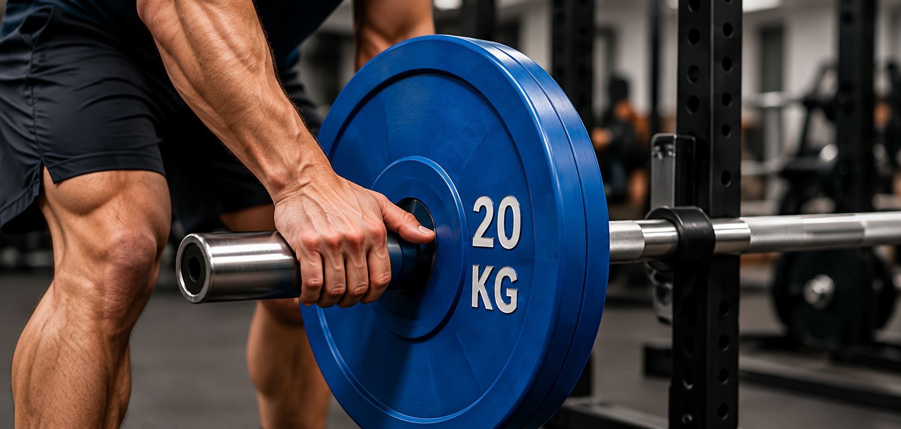 Athlete loading a blue twenty-kilogram plate onto an Olympic bar at a squat rack