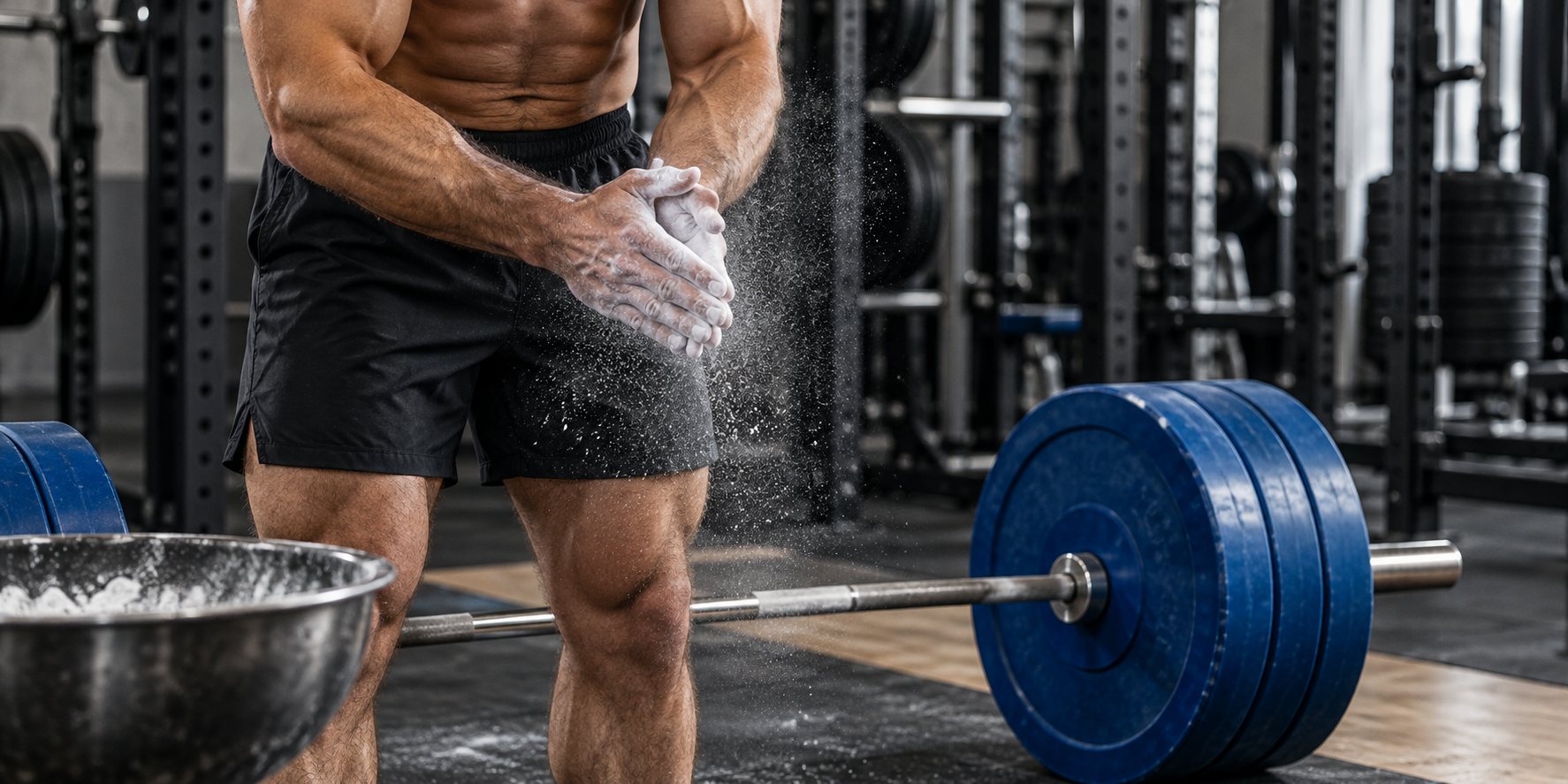 Powerlifter chalking hands beside an Olympic bar with blue bumper plates