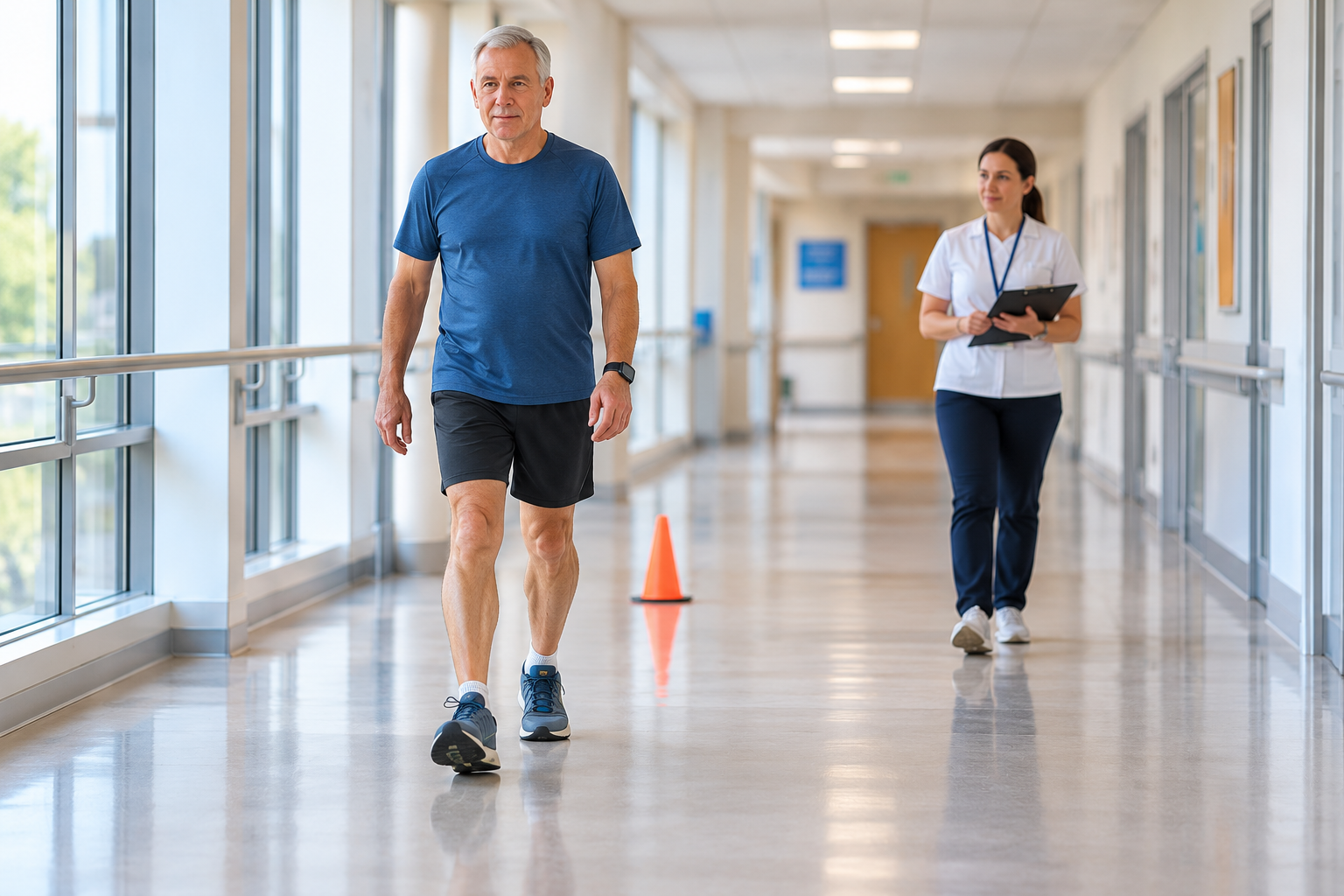 An older adult walking along a flat clinical corridor while a clinician observes