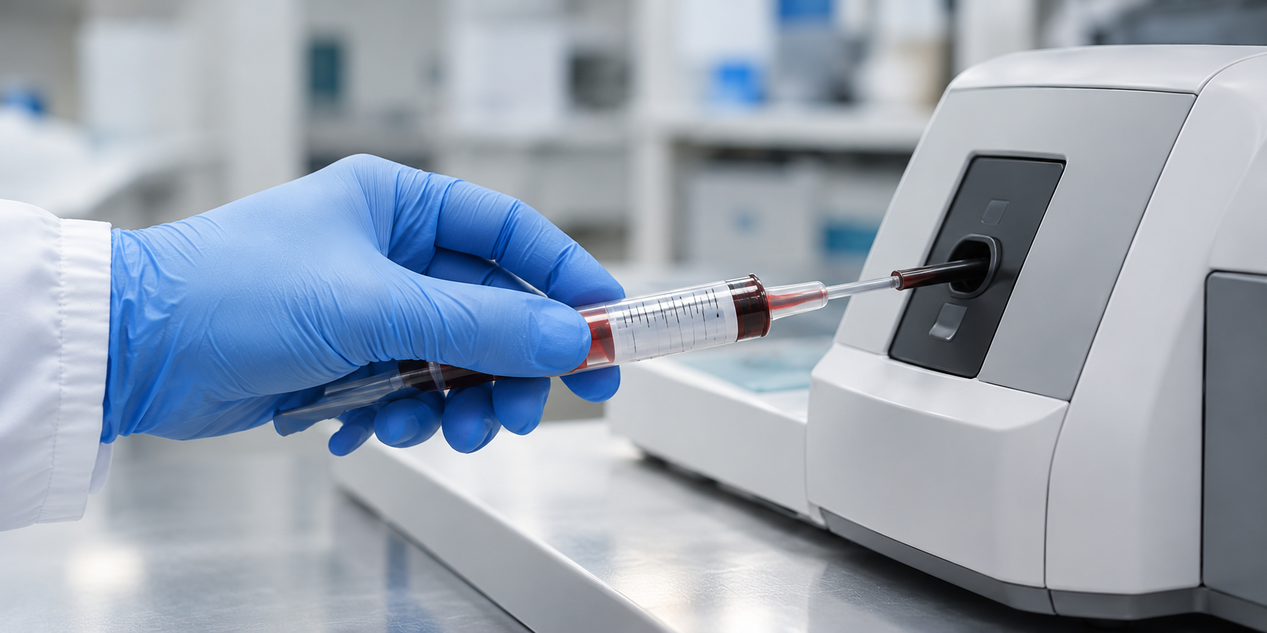 Illustrative clinical laboratory scene showing a gloved hand and blood gas analyzer