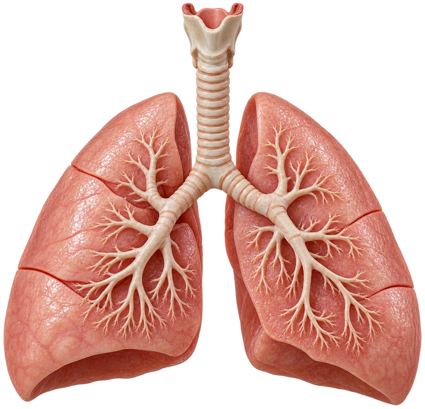 Illustrative healthy lungs, trachea and bronchi; not a patient scan.