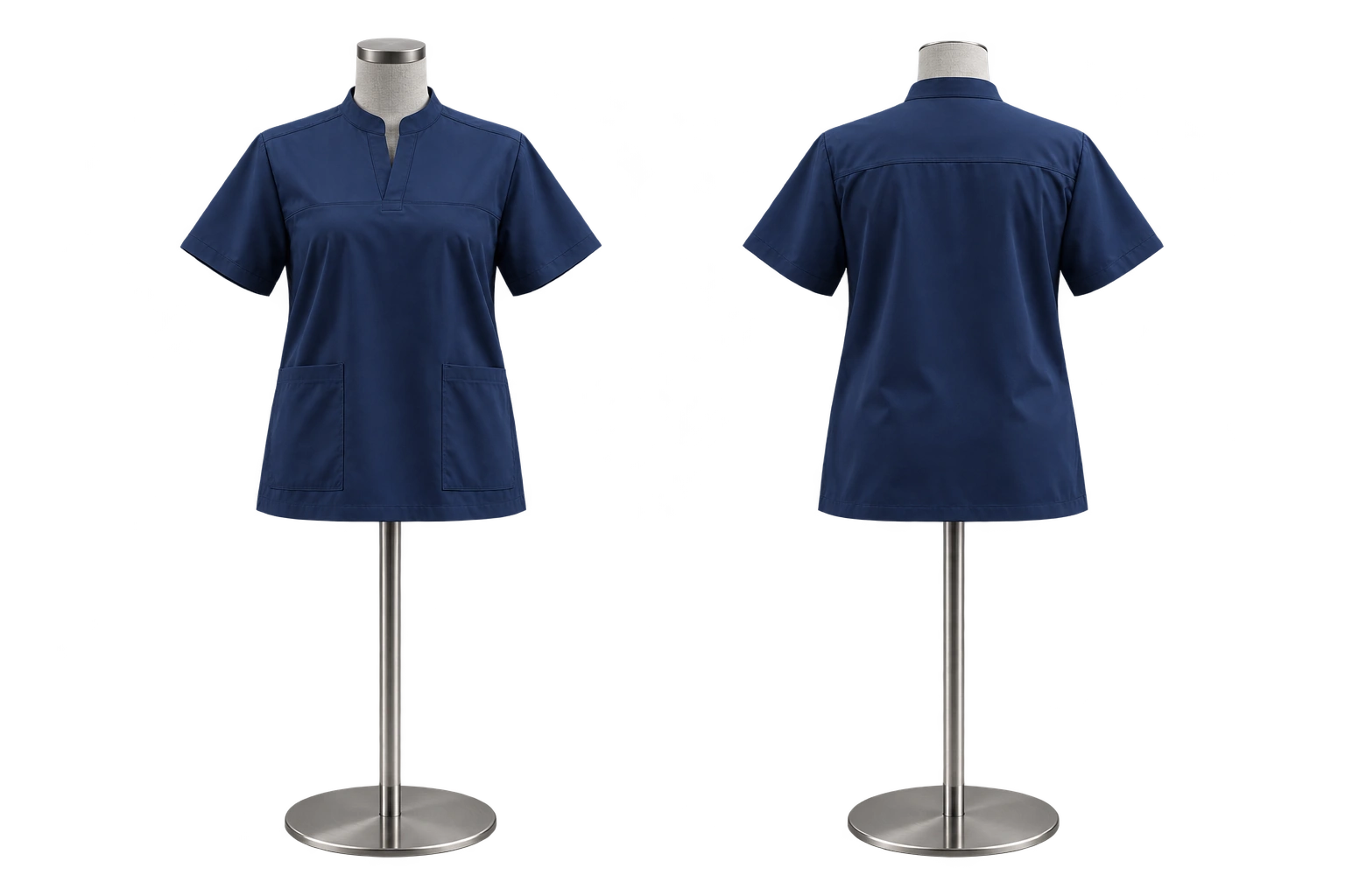 Front and rear tailoring display mannequins fully covered in navy medical tunics