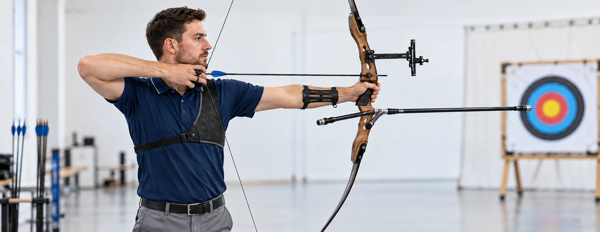 Illustrative archer with the drawing hand beside the jaw and bow arm extended