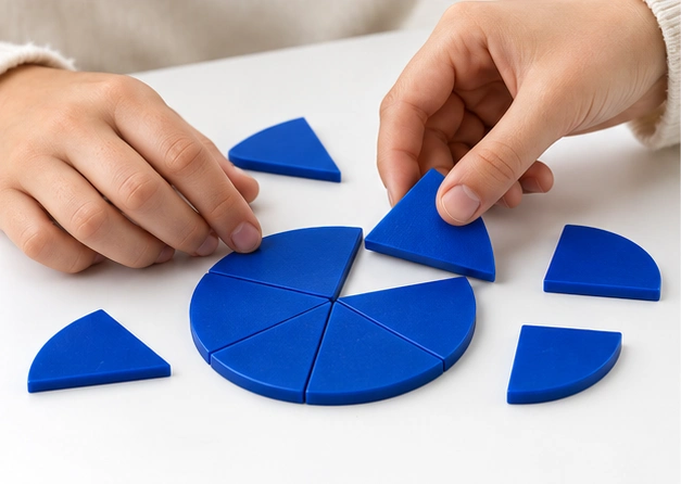 Hands arranging fraction teaching tiles