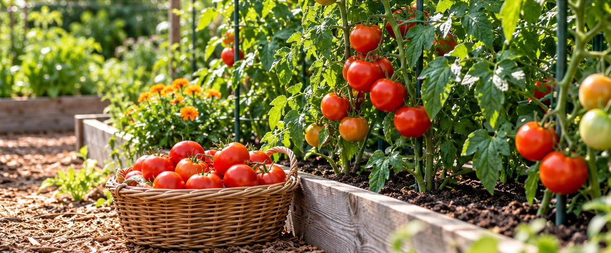 Tomato plants in a raised bed and a basket of harvested tomatoes