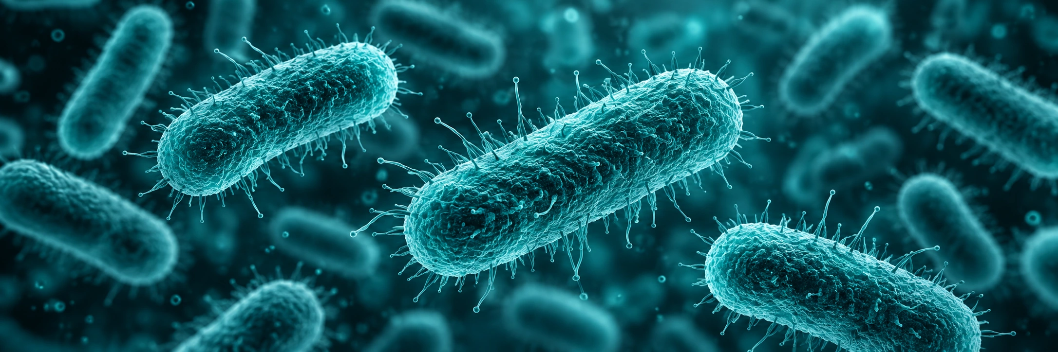 Illustrative teal rod-shaped microbial models