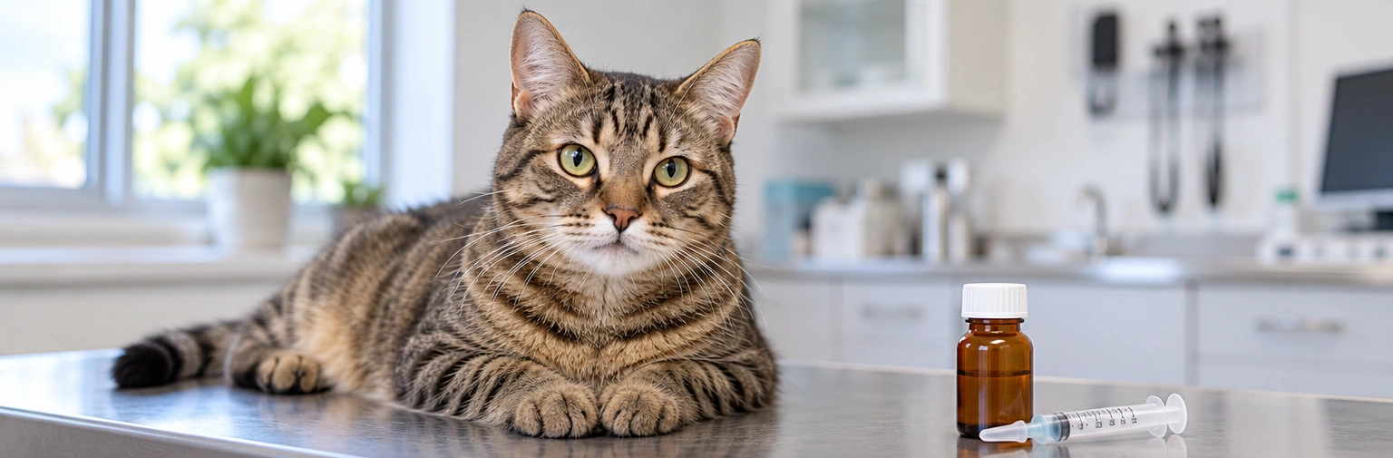 Illustrative tabby cat in a veterinary care setting, with an oral dosing syringe nearby
