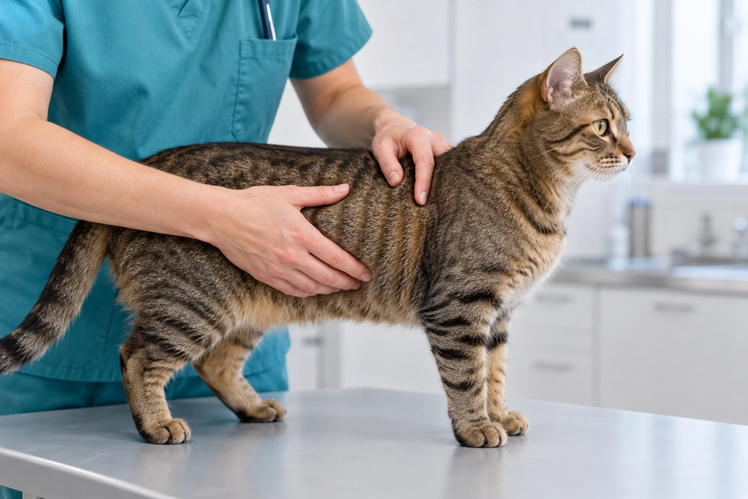 Illustrative veterinary examination with gentle rib palpation