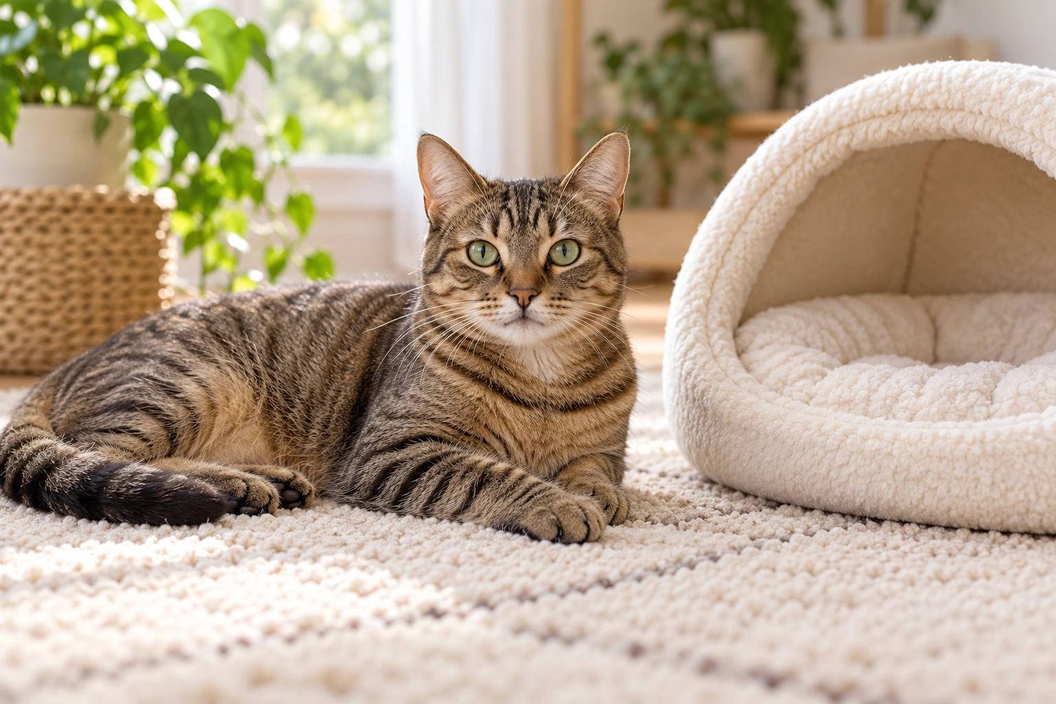 Illustrative tabby cat resting beside a clean nesting bed