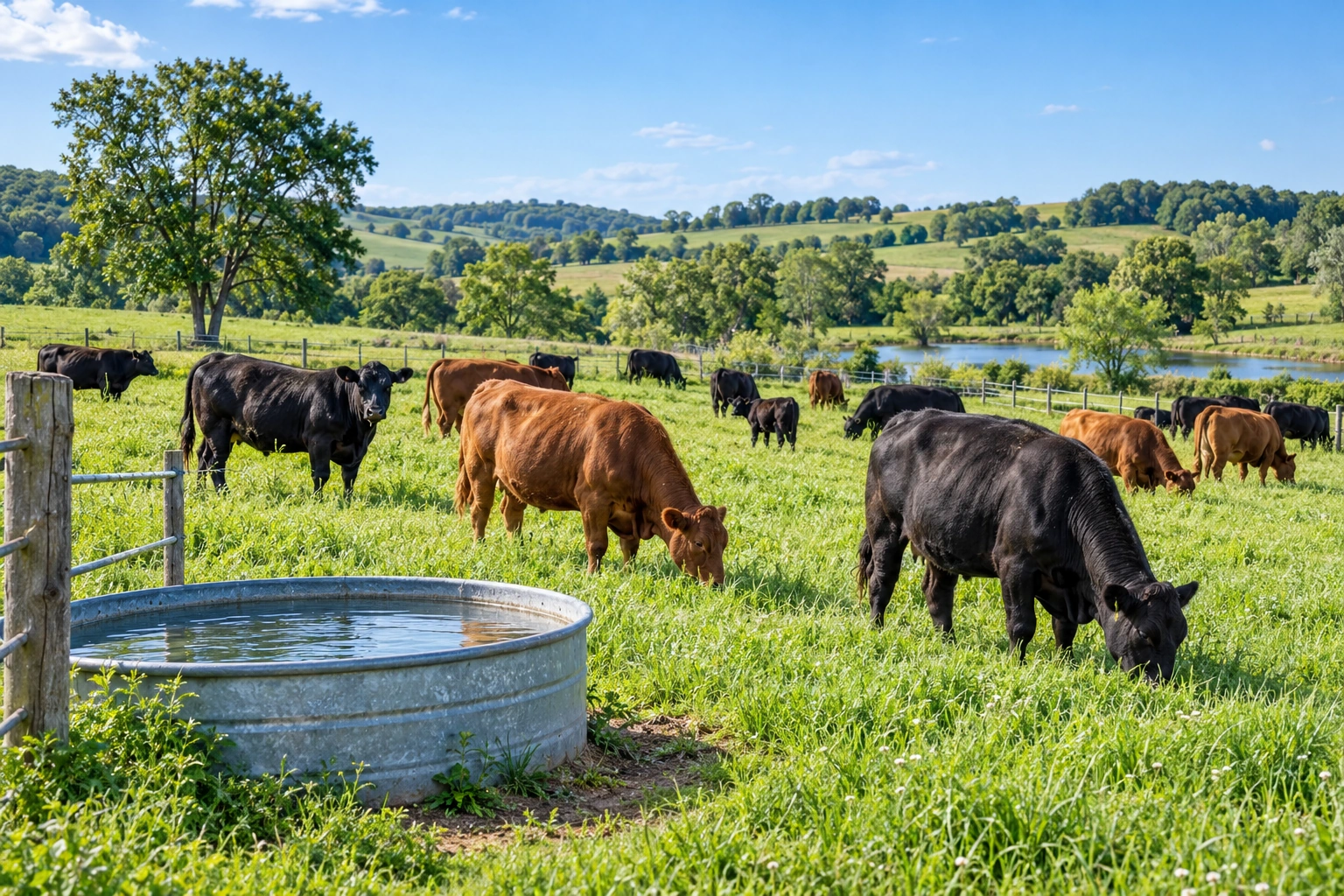 Illustrative cattle grazing a fenced green pasture near a water trough