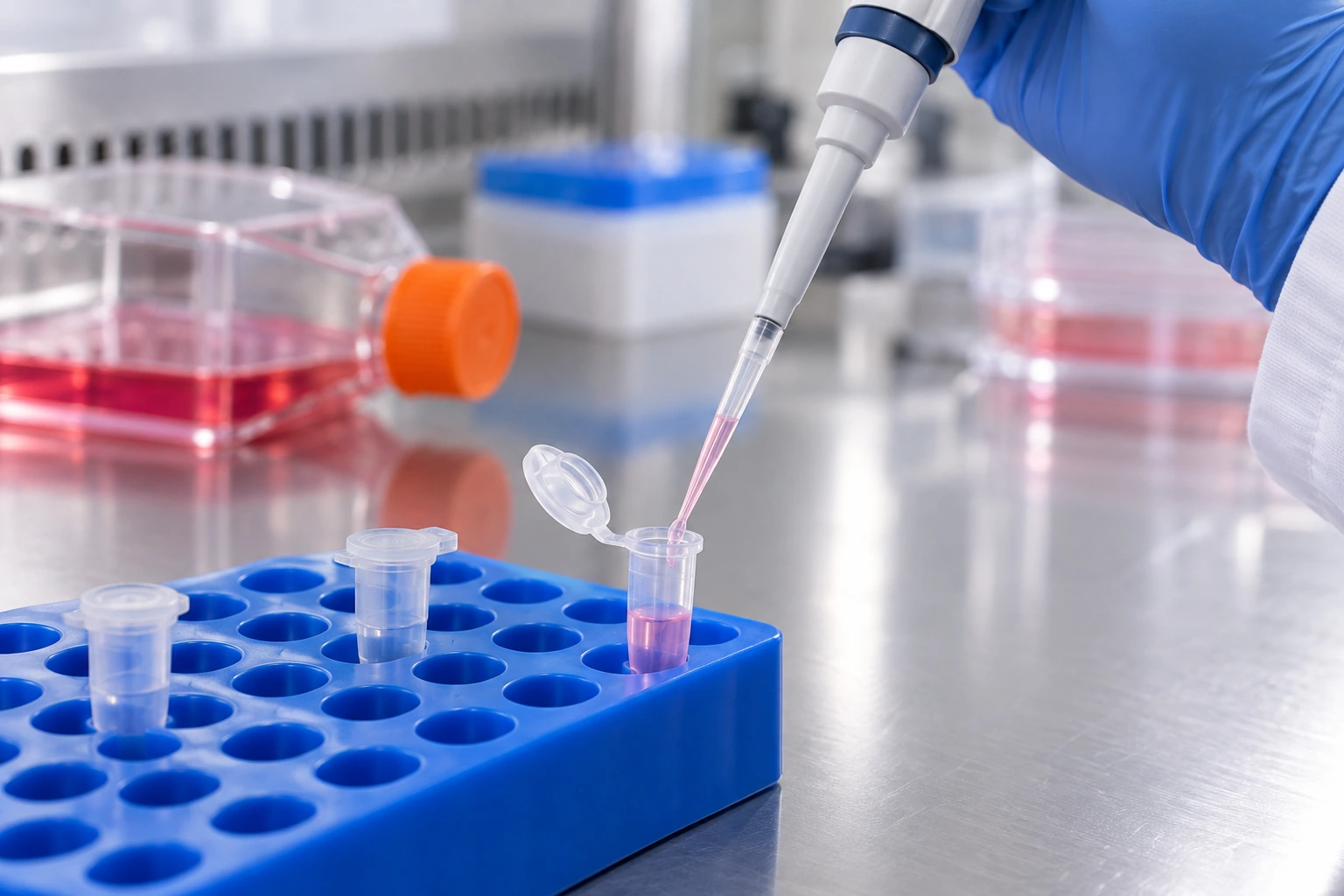 Illustrative laboratory micropipette above a tube in a rack