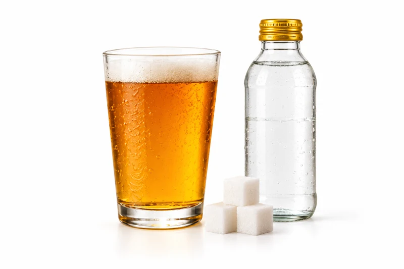 Illustrative drink with sugar cubes and a mixer bottle