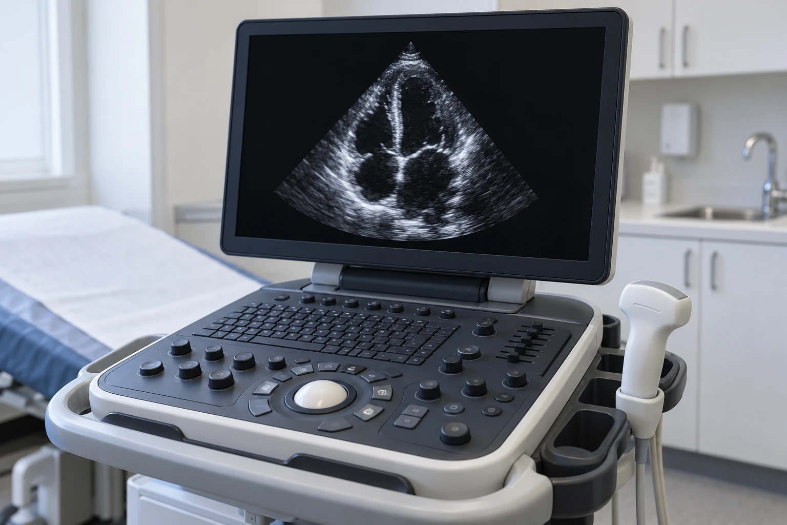 Illustrative echocardiography console and transducer; screen is not a patient measurement