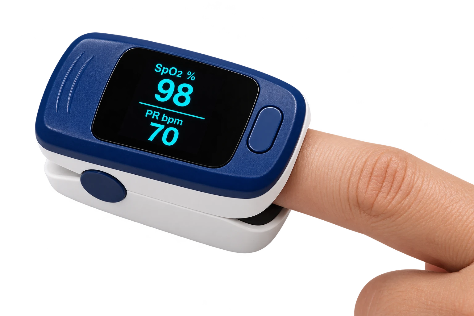 Illustrative fingertip pulse oximeter showing pulse 70 bpm and separate oxygen saturation 98 percent