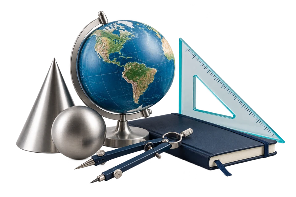 Globe, geometric solids and precision drawing tools