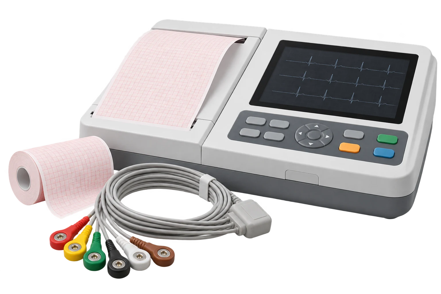 Illustrative ECG recorder, grid paper and electrode leads; not a patient measurement