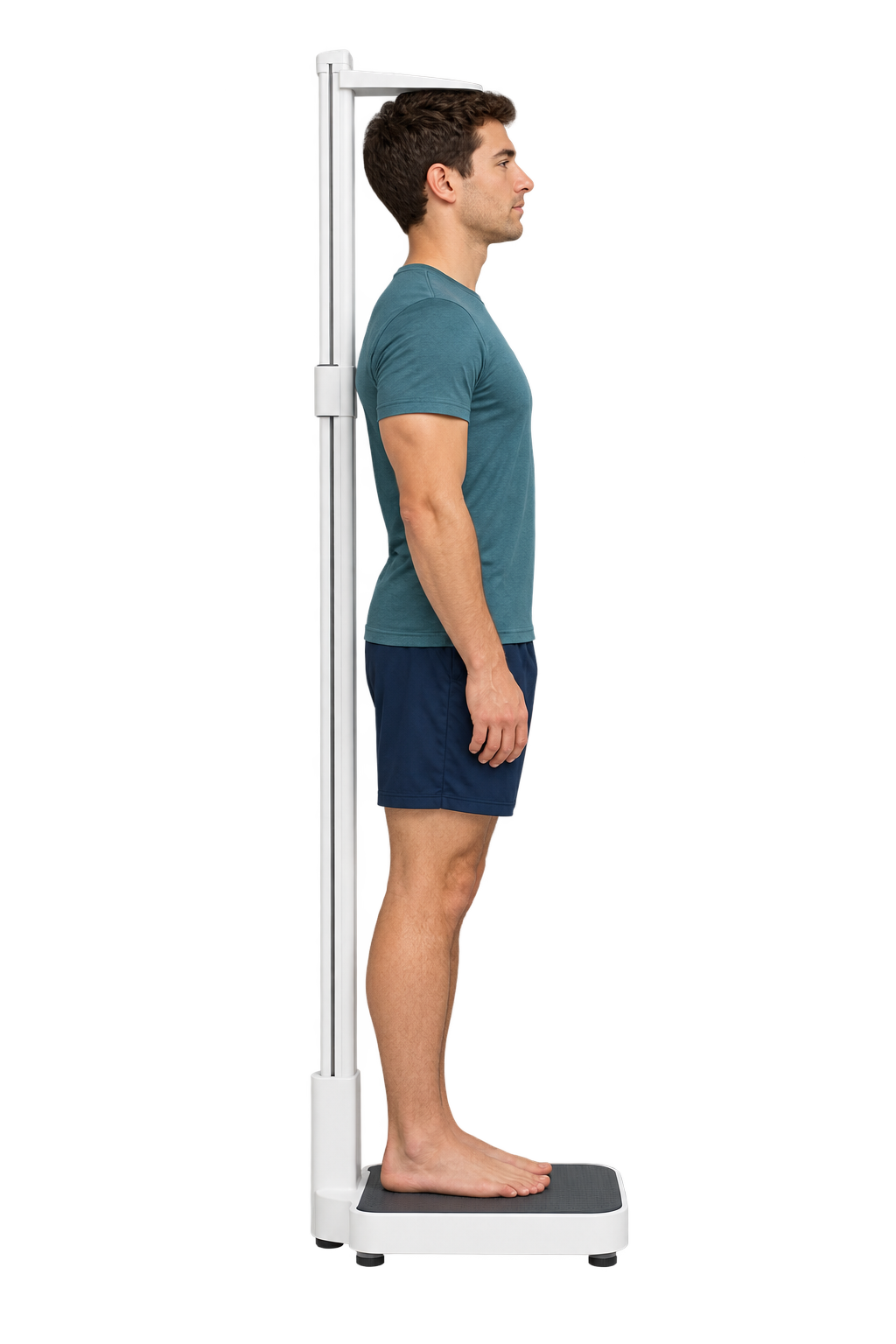 Representative adult standing beside height-measuring equipment