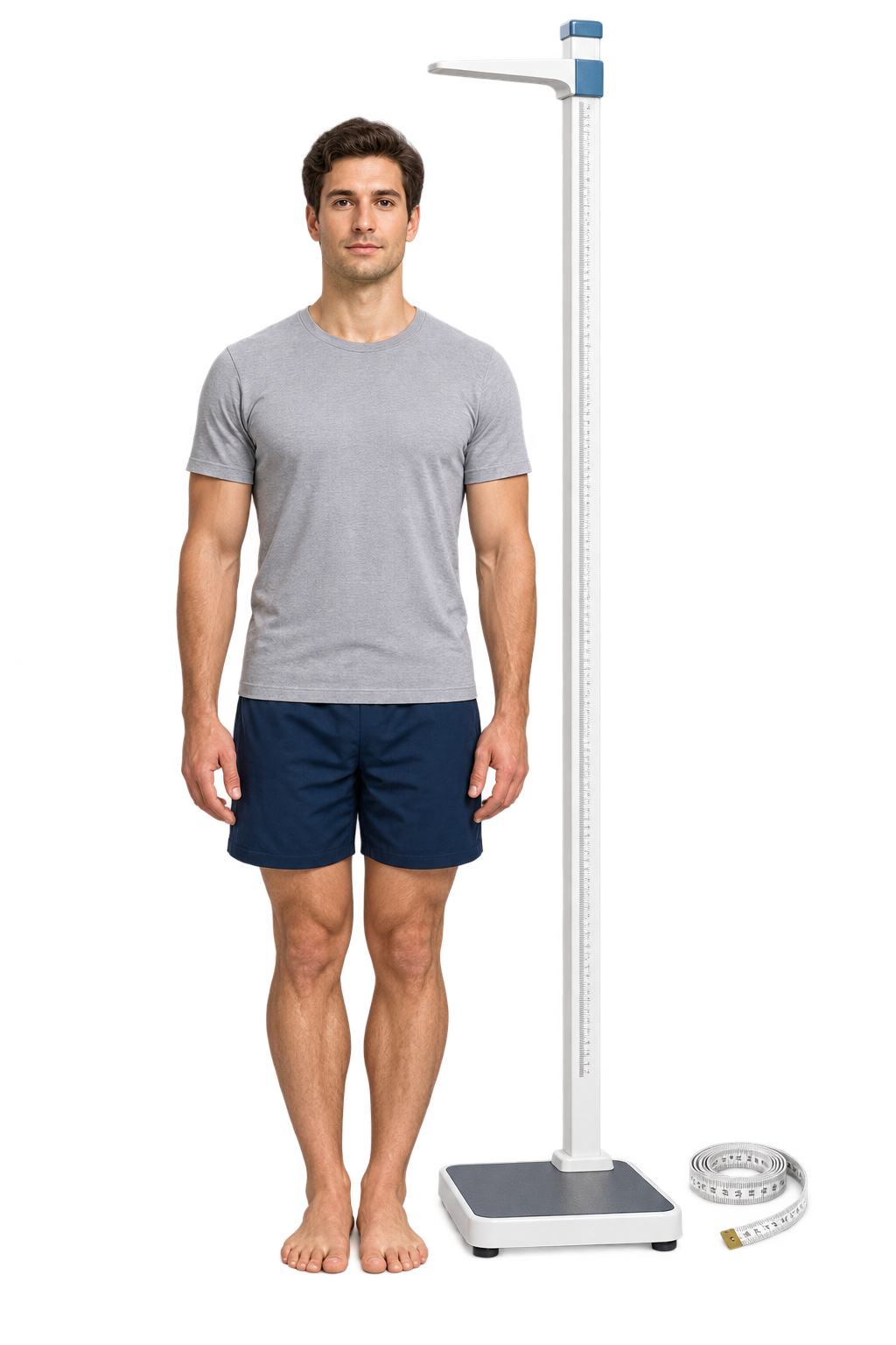 Representative adult mannequin, stadiometer and separate measuring tape; written protocol defines the waist site