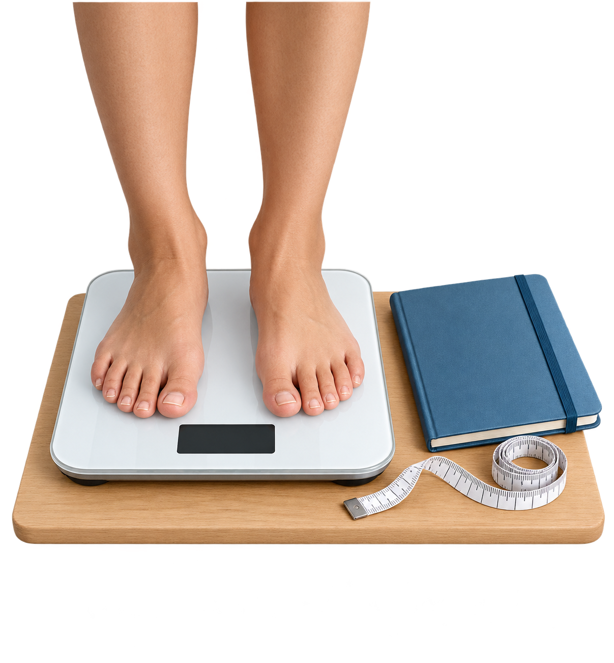 Representative scale, notebook and measuring tape for consistent adult weight tracking