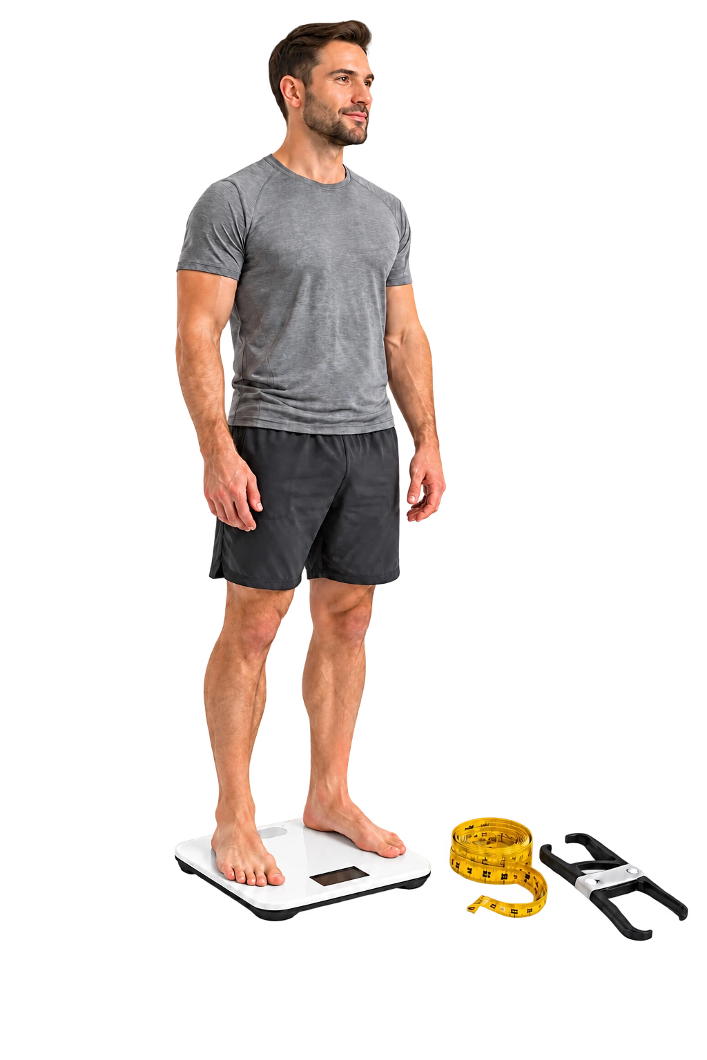 Adult standing on a body-composition scale with measuring tools nearby
