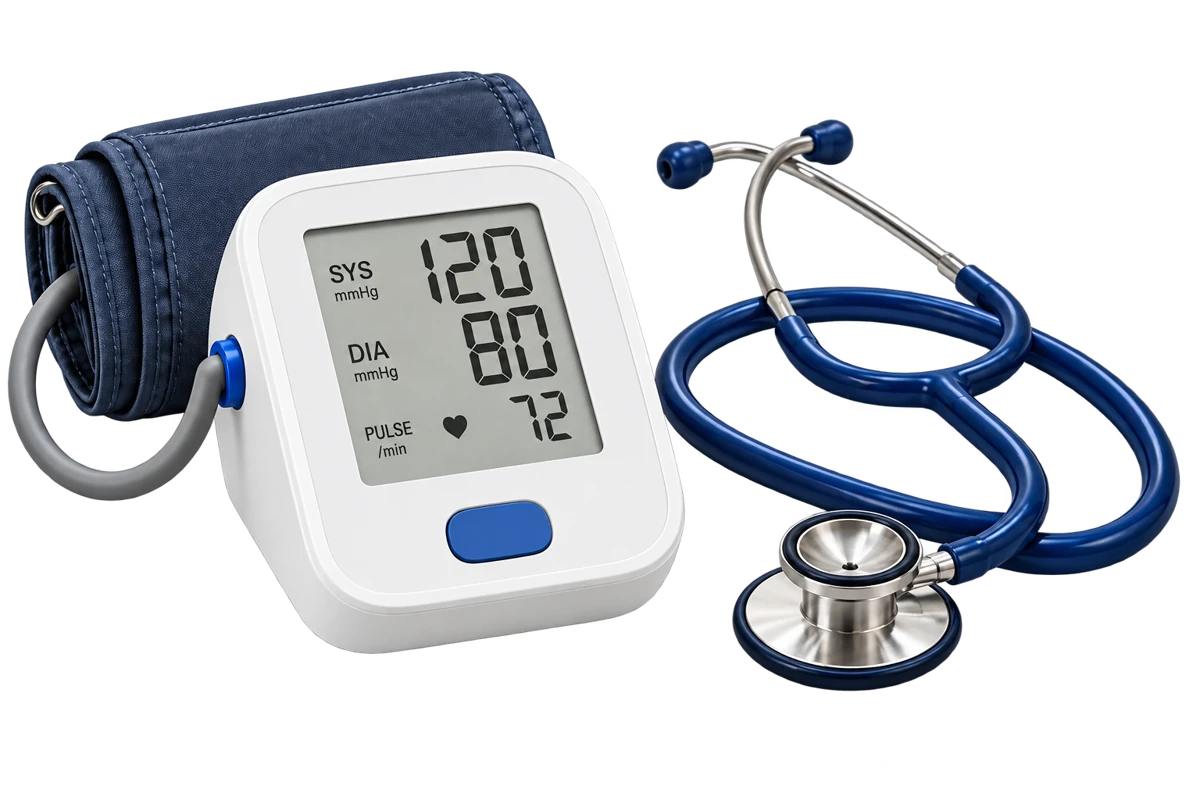 Illustrative monitor and stethoscope with a fixed example display