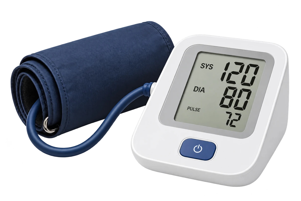 Illustrative upper-arm blood pressure monitor with a fixed example display of 120 over 80