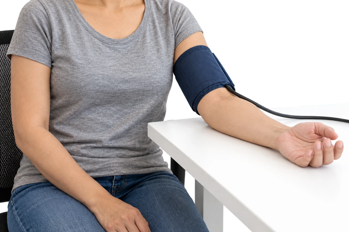 Arm resting on a table with the upper-arm cuff at heart level