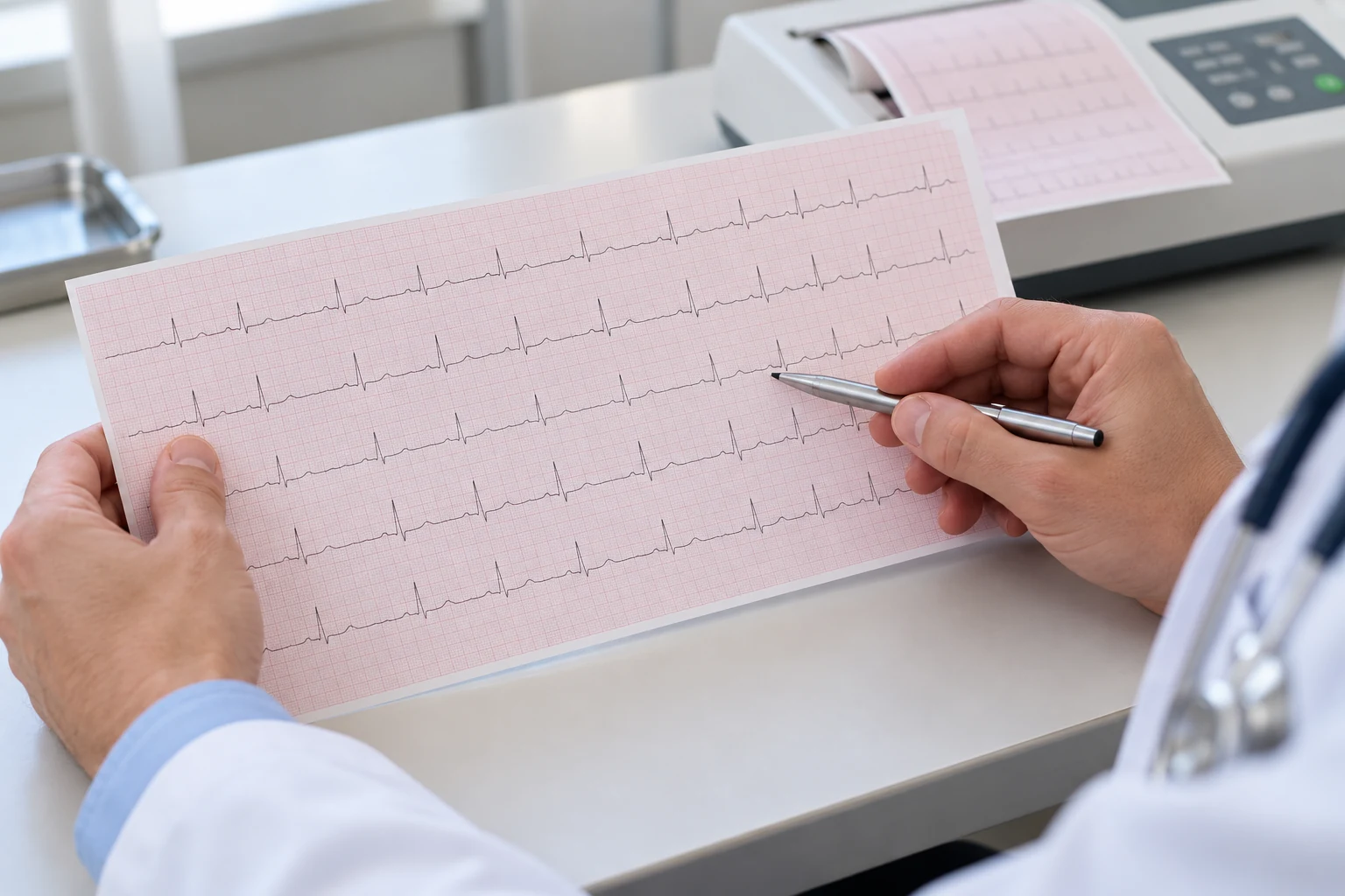 Illustrative clinician reviewing ECG paper; not a patient recording