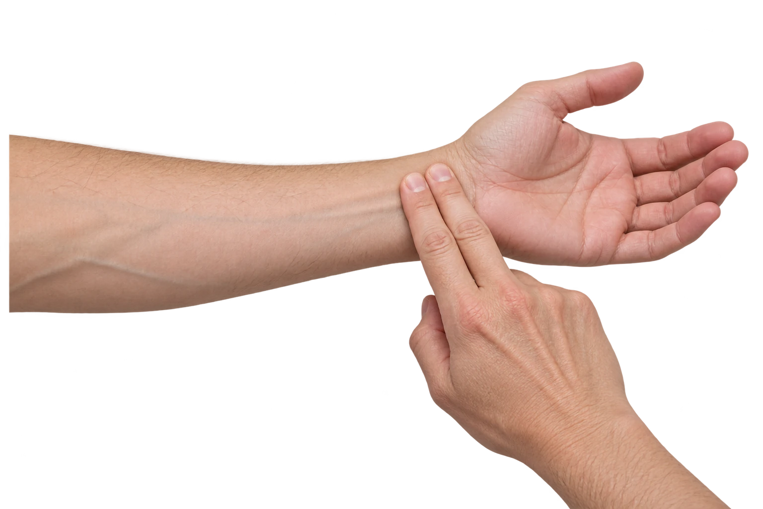Index and middle fingers gently checking a radial pulse on the thumb side of the wrist