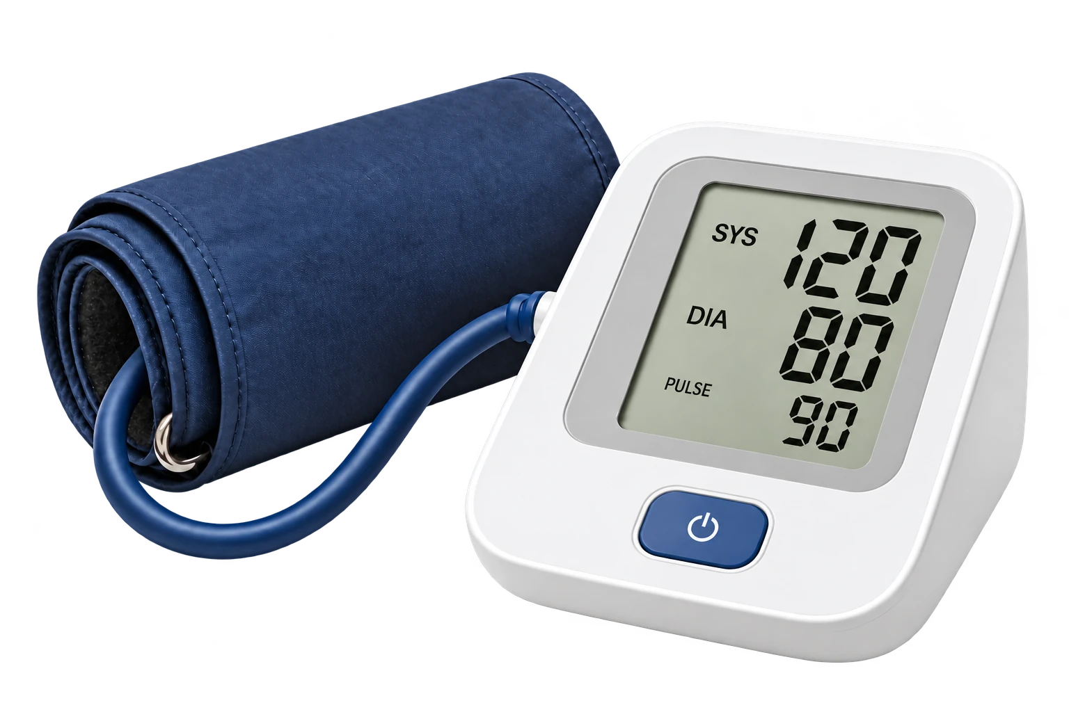 Illustrative upper-arm blood pressure monitor with a fixed example display of 120 over 80