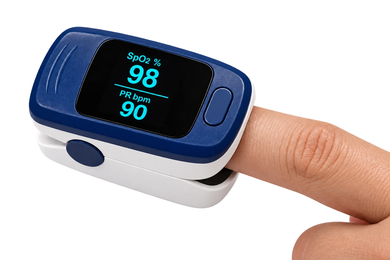 Illustrative fingertip oximeter: fixed pulse 90 bpm, separate oxygen saturation 98 percent
