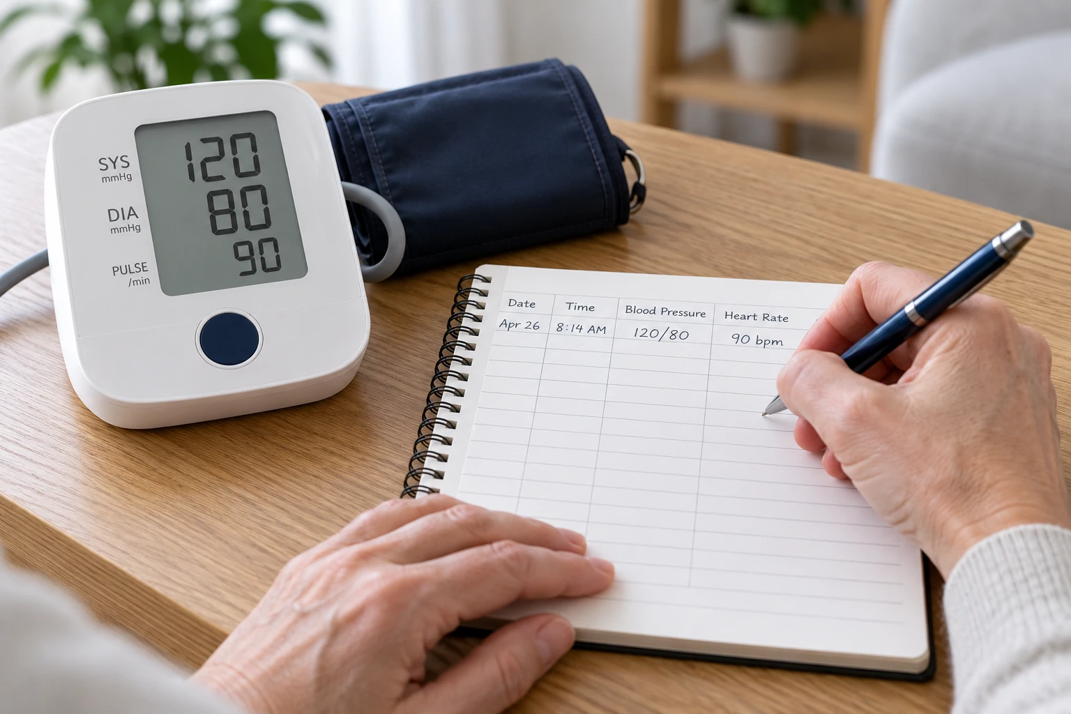 Illustrative paired blood pressure and pulse recorded in a notebook; device shows fixed example 120/80 and pulse 90