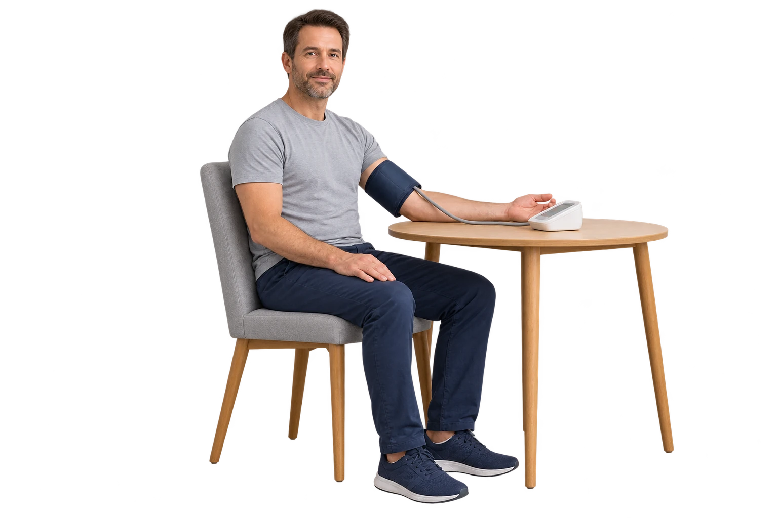 Adult seated with back supported and feet flat before a resting measurement