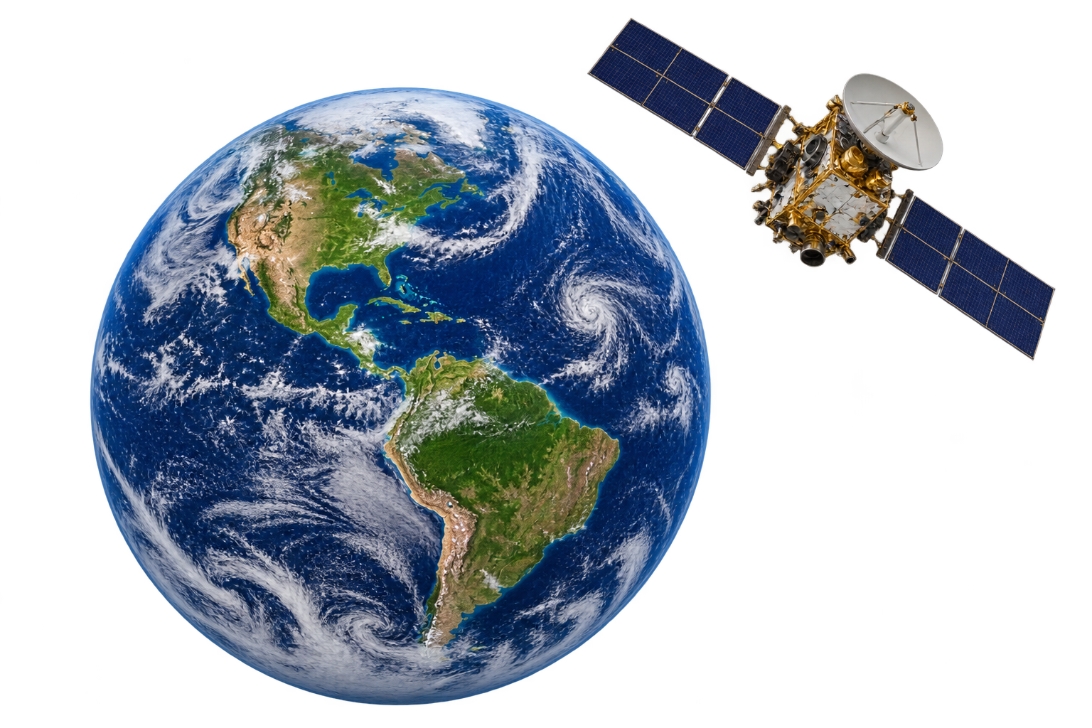 Representative Earth and solar-powered satellite; exact orbital geometry is drawn separately