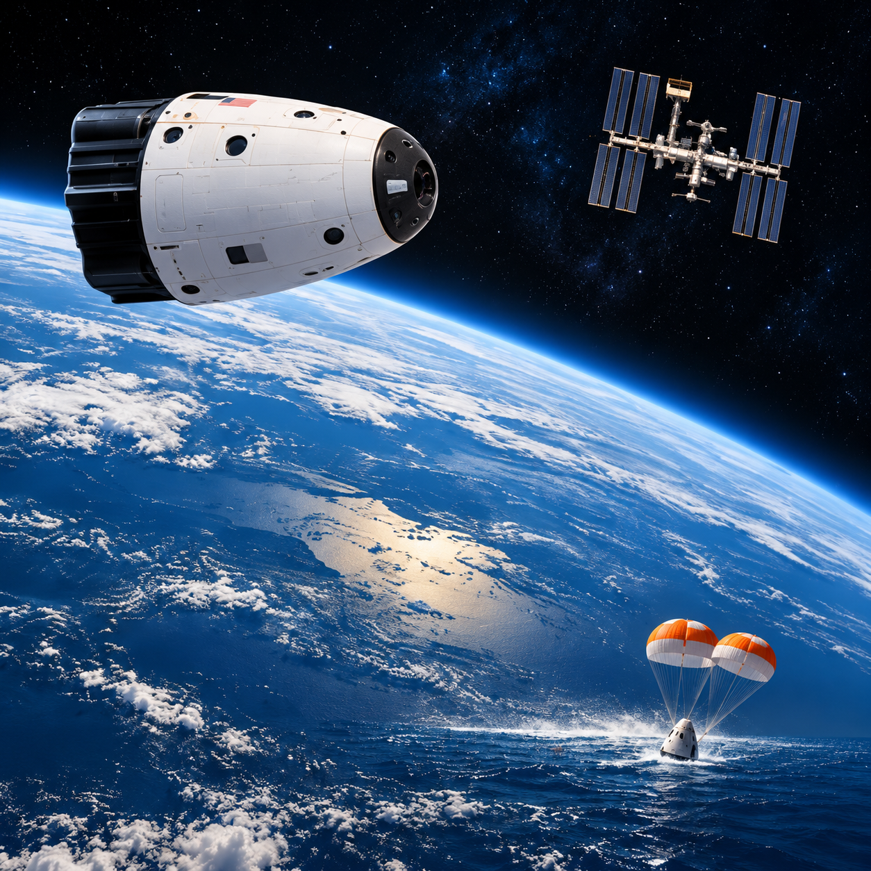 Illustrative Dragon spacecraft, Earth and ISS mission-phase montage