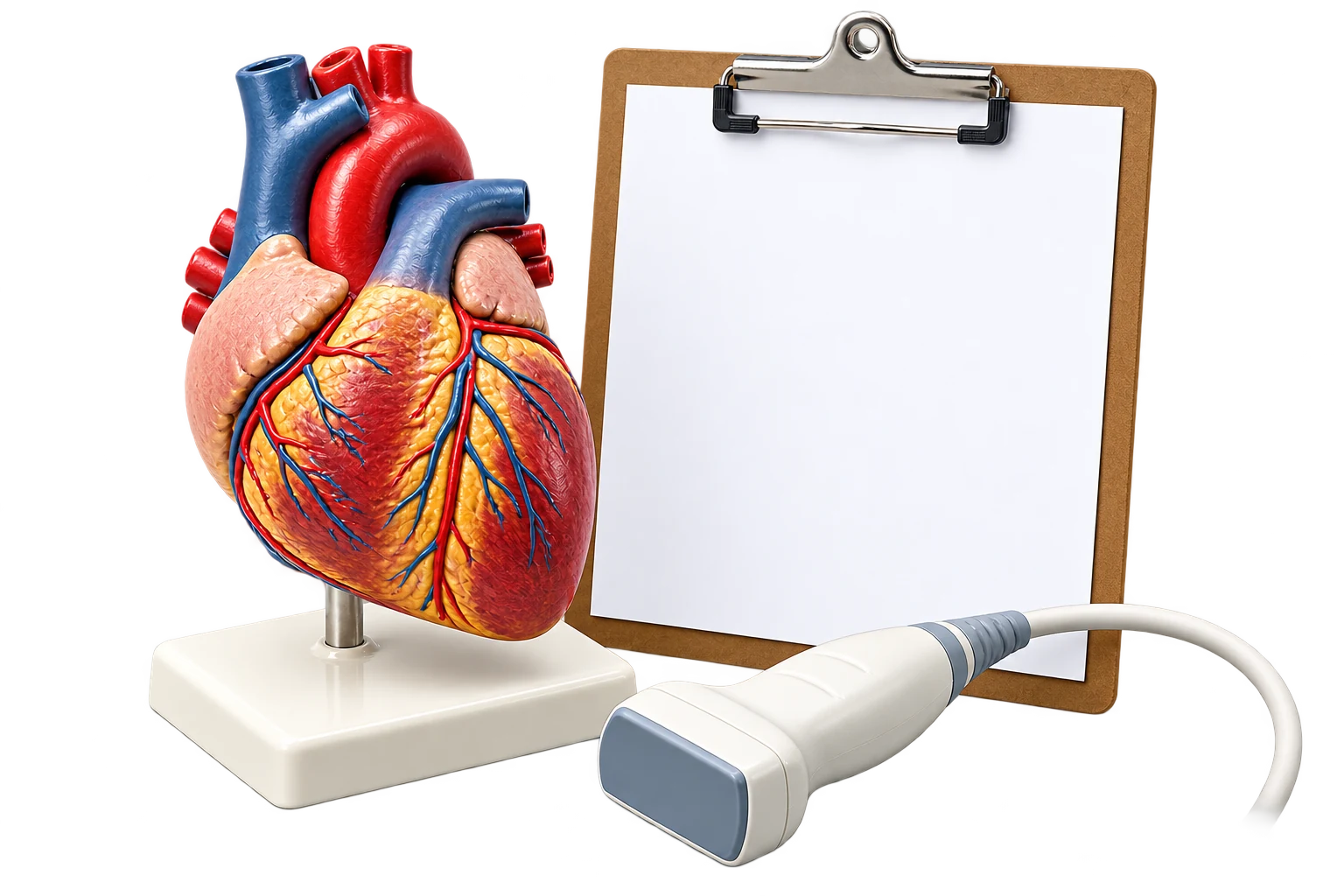 Illustrative heart teaching model, blank clipboard and echocardiography probe